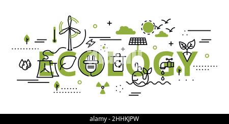 Disegno vettoriale moderno piano sottile, concetto infografico di problema ecologico, generazione e risparmio di energia verde in colore verde, per gr Illustrazione Vettoriale