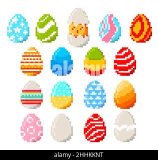 8 bit pixel uova di Pasqua e pollo. Pixel art gioco isolato uova con vettore giallo cazzo baby uccello, gusci rotti e modello di colore di cerchi, stella Illustrazione Vettoriale