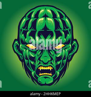 Green Head Angry Monster Halloween Vector illustrazioni per il tuo lavoro Logo, mascotte merchandise t-shirt, adesivi e disegni etichette, poster Illustrazione Vettoriale