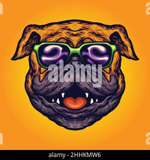 Cool Pug Dog Occhiali da sole estivi Cartoon Vector illustrazioni per il tuo lavoro Logo, mascotte merchandise t-shirt, adesivi ed etichette, poster Illustrazione Vettoriale