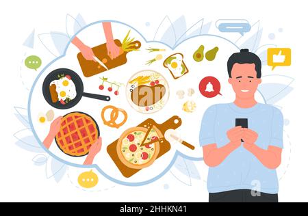 Lezione di cucina in linea dal vettore dello chef illustrazione. Uomo cartoon guardando sullo schermo del telefono alla ricerca di video ricetta culinaria come cucinare la pizza, bistecca o torta di cottura a casa. Concetto di blog alimentare Illustrazione Vettoriale