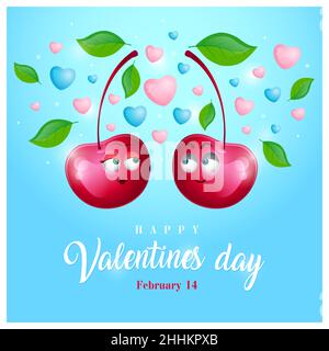 Due graziose ciliegie su sfondo blu con cuori. Stile cartoon. Concetto di amore, riconoscimento Illustrazione Vettoriale