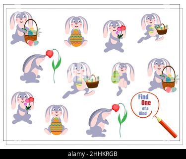 Il gioco logico dei bambini trova quello di un genere. Coniglietto di Pasqua, coniglietto con cestino. Vettore isolato su sfondo bianco Illustrazione Vettoriale