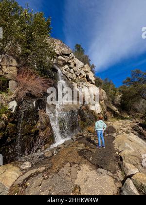 Yosemite National Park, CA, U.S.A. 24th Jan, 2022. Un escursionista si ferma e guarda alle Cascate Tueeulala mentre cammina per l'escursione del 2,5 alle Cascate Wapama. Il lago artificiale di Hetch Hetchy ha un'escursione perfetta intorno al lato nord del serbatoio. (Credit Image: © Marty Bicek/ZUMA Press Wire) Foto Stock