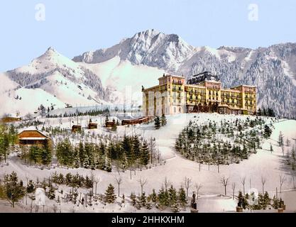 Grand Hotel de Caux e Rochers de Naye in inverno, Caux, Montreux, Vaud, Svizzera 1890. Foto Stock