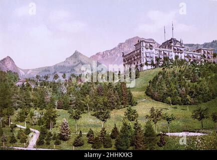 Grand Hotel de Caux con Rochers de Naye e Dent de Jaman, Caux, Montreux, Vaud, Svizzera 1890. Foto Stock