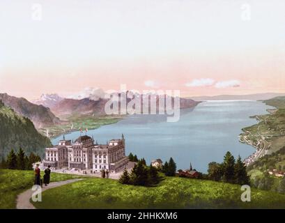 Grand Hotel de Caux con Rochers de Naye e Lago di Ginevra, Caux, Montreux, Vaud, Svizzera 1890. Foto Stock