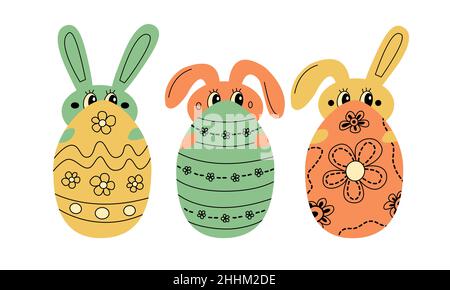 Set di 3 uova di pasqua con ornamenti e coniglietti nascosti. Primavera mood colorati elementi a tema pasquale per la caccia alle uova Illustrazione Vettoriale