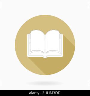 Icona bianca del libro vettoriale nel cerchio d'oro. Design piatto e lunga ombra Illustrazione Vettoriale