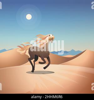 Bella Long Hair Horse Mare Run Fast Desert Fantasy Illustration Illustrazione Vettoriale