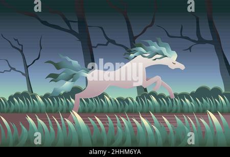 Bella Long Hair Horse Mare Run Fast Forest Jungle Fantasy Illustrazione Illustrazione Vettoriale