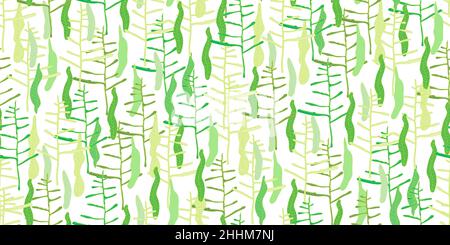 Modello senza giunture di verde lascia vari alberi su bianco. Fogliame di rami naturali. Verde fresco bellezza rustico eco sfondo. Disegno botanico per t Illustrazione Vettoriale