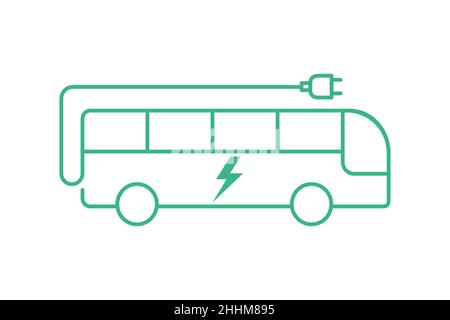 Icona verde della linea del bus elettrico. Fonti energetiche sostenibili. Profilo e-bus con fulmine. Trasporto alimentato a batteria. Bus con spina di carica. Illustrazione Vettoriale