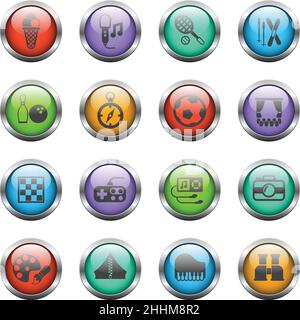 icone vettoriali per il tempo libero sui pulsanti in vetro a colori Illustrazione Vettoriale