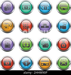 icone del vettore di denaro sui pulsanti in vetro a colori Illustrazione Vettoriale