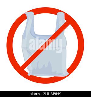 Segno di NO ai sacchetti di plastica isolato su sfondo bianco. Cartello monouso di divieto della confezione di cellofan e politene. Concetto di problema di inquinamento. Vettore Illustrazione Vettoriale