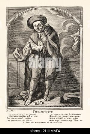 Ritratto di Democritus con i dadi ai suoi piedi, 18th secolo. Filosofo greco antico conosciuto come il filosofo ridente. Democratico. A Paris Chez Daumont, rue de la Feronnerie. Litografia dopo Bernard Picard da Henry Rene d’Allemagne ricreazioni et Passe-Temps, Giochi e passatempi, Hachette, Parigi, 1906. Foto Stock