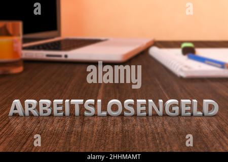 ALG - Arbeitslosengeld - parola tedesca per indennità di disoccupazione o dole denaro - lettere su scrivania in legno con computer portatile e un notebook. 3d rendering il Foto Stock