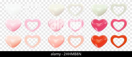 Set di decorazioni a forma di cuore. Romantico simbolo d'amore. Cuori di volume isolati su sfondo trasparente. 3D oggetti realistici vettoriali Illustrazione Vettoriale