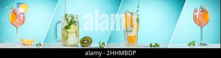 Volantino orizzontale con set di bicchieri con diverse bevande senza alcol e cocktail su sfondo blu in luce al neon. Foto Stock