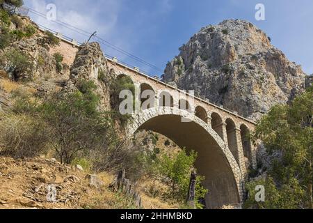 Sotto il ponte ferroviario alla fine del sentiero del Re, sopra il serbatoio Tajo de la Encantada Foto Stock