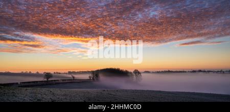 Cielo rosso d'inverno e nebbia poco prima dell'alba nella gelida campagna del cotswold. Hampnet, Cotswolds, Gloucestershhire, Inghilterra. Panoramica Foto Stock