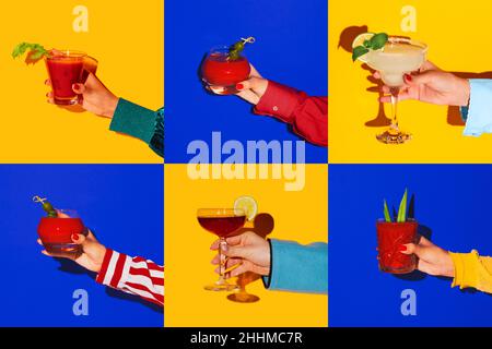 Collage fatto di immagini con le mani femminili che tengono bicchieri con bevande alcoliche e cocktail diversi su sfondo di colori luminosi. Vintage, retto Foto Stock