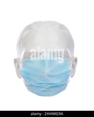Maschera medica protettiva su testa manichino. Isolato su sfondo bianco Foto Stock