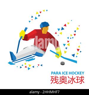 Sport invernali - hockey su slitta. Giocatore disabili con bastoncini di hockey su ghiaccio. Sportivo con disabilità fisiche colpisce il puck. Isolato su bianco. Wi Illustrazione Vettoriale
