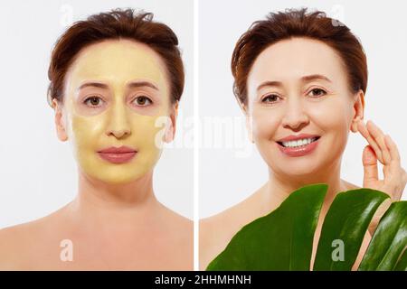 Medio età closeup viso donna prima dopo trattamento maschera di bellezza. Prima-dopo la pelle grinzosa. Estate anti invecchiamento maschera collagene su donna rughe viso è Foto Stock