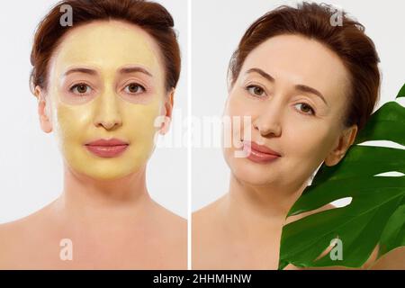 Medio età closeup viso donna prima dopo trattamento maschera di bellezza. Prima-dopo la pelle grinzosa. Estate anti invecchiamento maschera collagene su donna rughe viso è Foto Stock