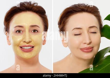 Medio età closeup viso donna prima dopo trattamento maschera di bellezza. Prima-dopo la pelle grinzosa. Estate anti invecchiamento maschera collagene su donna rughe viso è Foto Stock
