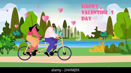 coppia in bicicletta in tandem amore equitazione celebrare felice valentines giorno in parco paesaggio sfondo Illustrazione Vettoriale