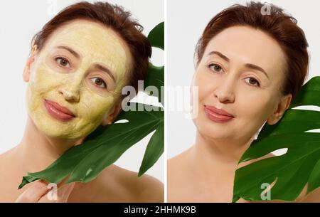 Medio età closeup viso donna prima dopo trattamento maschera di bellezza. Prima-dopo la pelle grinzosa. Estate anti invecchiamento maschera collagene su donna rughe viso è Foto Stock