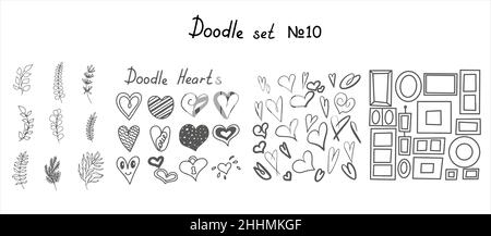Cuore del doodle vettoriale, Fiori, rami d'albero con foglia, cornici di forme e dimensioni diverse. Grande set di schizzi. Disegnare a mano cornici fotografiche, vettore floreale Illustrazione Vettoriale