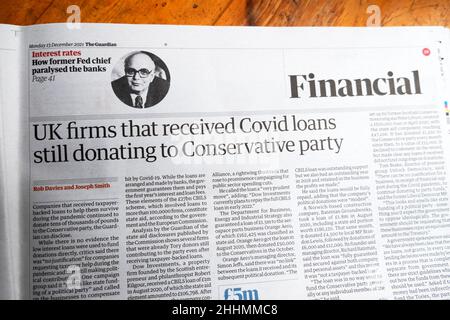"Le imprese britanniche che hanno ricevuto prestiti Covid ancora donando al partito conservatore" articolo di giornale di Financial Guardian il 13 dicembre 2021 Londra UK Foto Stock