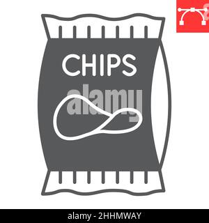 Patatine glifi icona, cibo spazzatura e snack, patata chips vettore icona, grafica vettoriale, tratto modificabile segno solido, eps 10. Illustrazione Vettoriale