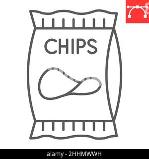 Patata Chips line icona, roba di rifiuto cibo e snack, patata Chips vettore icona, grafica vettoriale, tratto modificabile segno contorno, eps 10. Illustrazione Vettoriale
