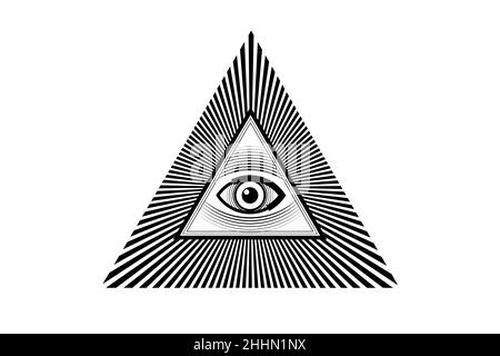 Sacro simbolo Masonico. Tutti gli occhi, il terzo occhio, l'occhio della Provvidenza, all'interno della piramide triangolare. Nuovo Ordine Mondiale. Icona nera alchimia, religione, Illustrazione Vettoriale