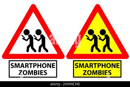 Cartello stradale che raffigura due uomini che camminano e che starano sullo schermo come zombie per smartphone Foto Stock