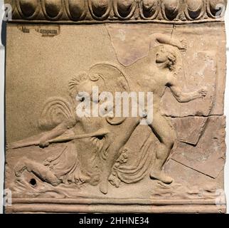 Targa di Clay romana del c1st che mostra la battaglia tra Theseo, re di Atene, e Antiope, regina delle Amazzoni, durante la guerra Attica antica Grecia Foto Stock