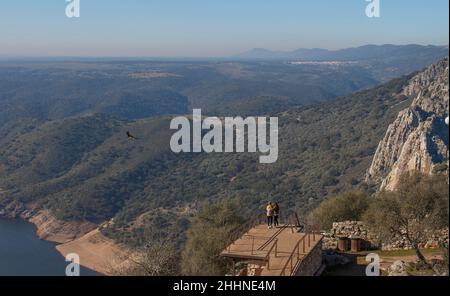 I visitatori osservano il flight di un avvoltoio dal punto di vista della piattaforma. Parco Nazionale di Monfrague, Caceres, Extremadura, Spagna Foto Stock