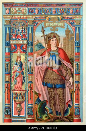 San Giorgio (D303) Military Saint & Roman Soldier uccidendo il drago.. Chromolithograph di Butler's Lives of the Saints, edizione 1887. Foto Stock