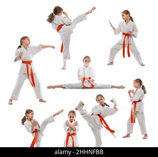 Collage. Sportivo giovane ragazza, teen, taekwondo atleta formazione isolato su sfondo bianco. Concetto di sport, educazione, abilità Foto Stock