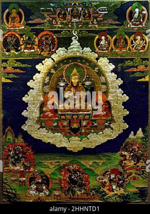 Tsong Kha Pa e i protettori Tibet tempera su cotone. ( 15th secolo santo e studioso del Tibet. Lama Tsongkhapa tipicamente appeso nella grande sala dei monasteri, illustrano come, durante la sua vita precedente, il Noble Je Tsongkhapa coltivò il Sentiero che porta all'Illuminismo e come la sua progressione spirituale fu attestata dalle profezie di tutti i Buddha del passato. ) Foto Stock