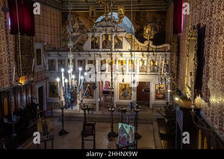 Iconostasi dell'ex chiesa della Santa Madre di Dio Antivouniotissa a Corfù Kerkyra, Grecia, Isole IONIE, Europa Foto Stock