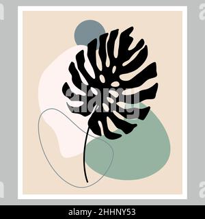 Illustrazione astratta di foglie tropicali, disegno di foglie di monstera. Arte alla moda, arredamento boho. Illustrazione Vettoriale