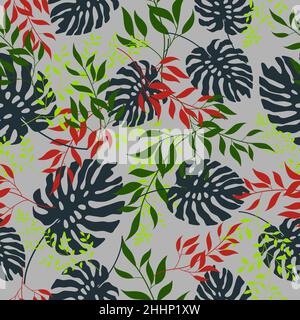 Foglie tropicali, sfondo grigio. Pattern vettoriale senza giunture. Illustrazione Vettoriale