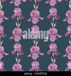 Motivo vettoriale senza cuciture con fiori di iride. Design con bellissimi fiori. Illustrazione Vettoriale