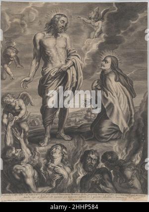Santa Teresa d'Avila che intercede per Bernardino de Mendoza ca. 1641–72 Francis Langot. Santa Teresa d'Avila che intercede per Bernardino de Mendoza. Francis Langot (francese, nato Melun, morto dopo il 1679) ca. 1641–72. Incisione; copia inversa. Herman Weyen (Fiammingo, morto a Parigi, 1672). Stampa Foto Stock